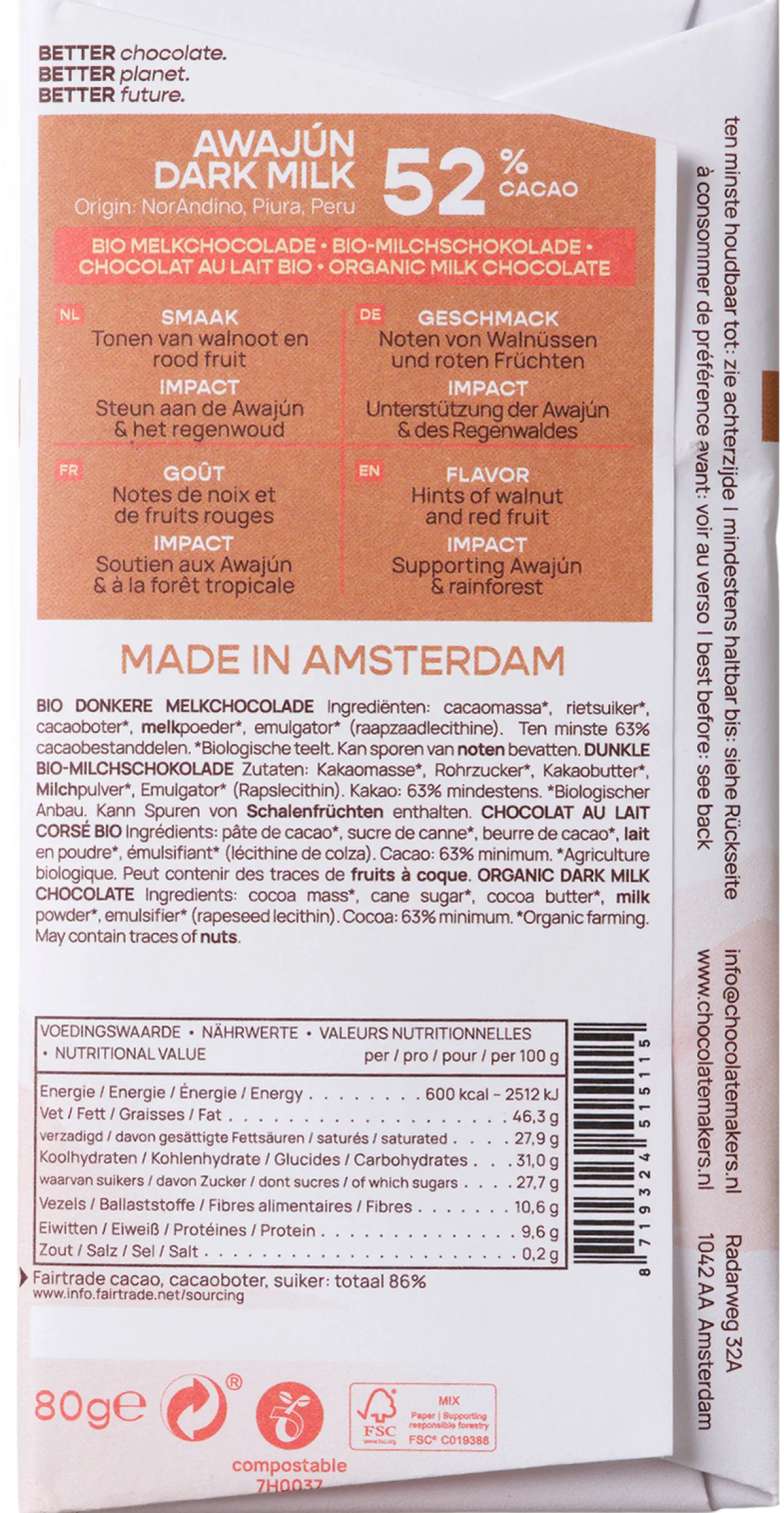 Online Chocolatemakers Awajun 52% donkere melk fairtrade bio