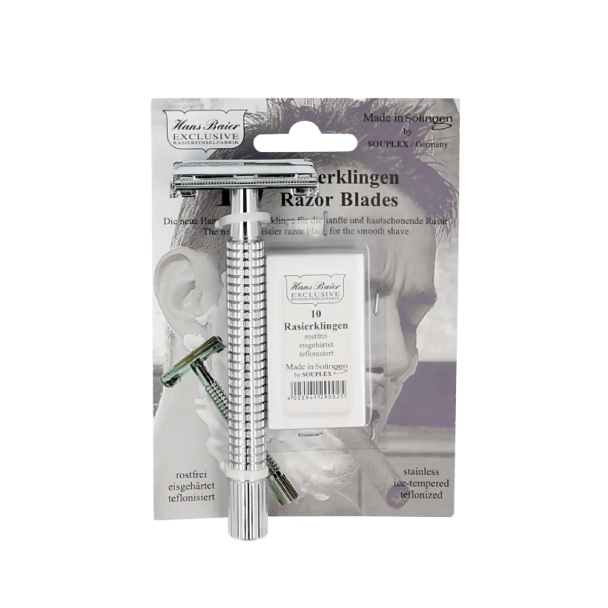 Online Hans Baier Veiligheidsscheermes chroom blister met 10 mesjes